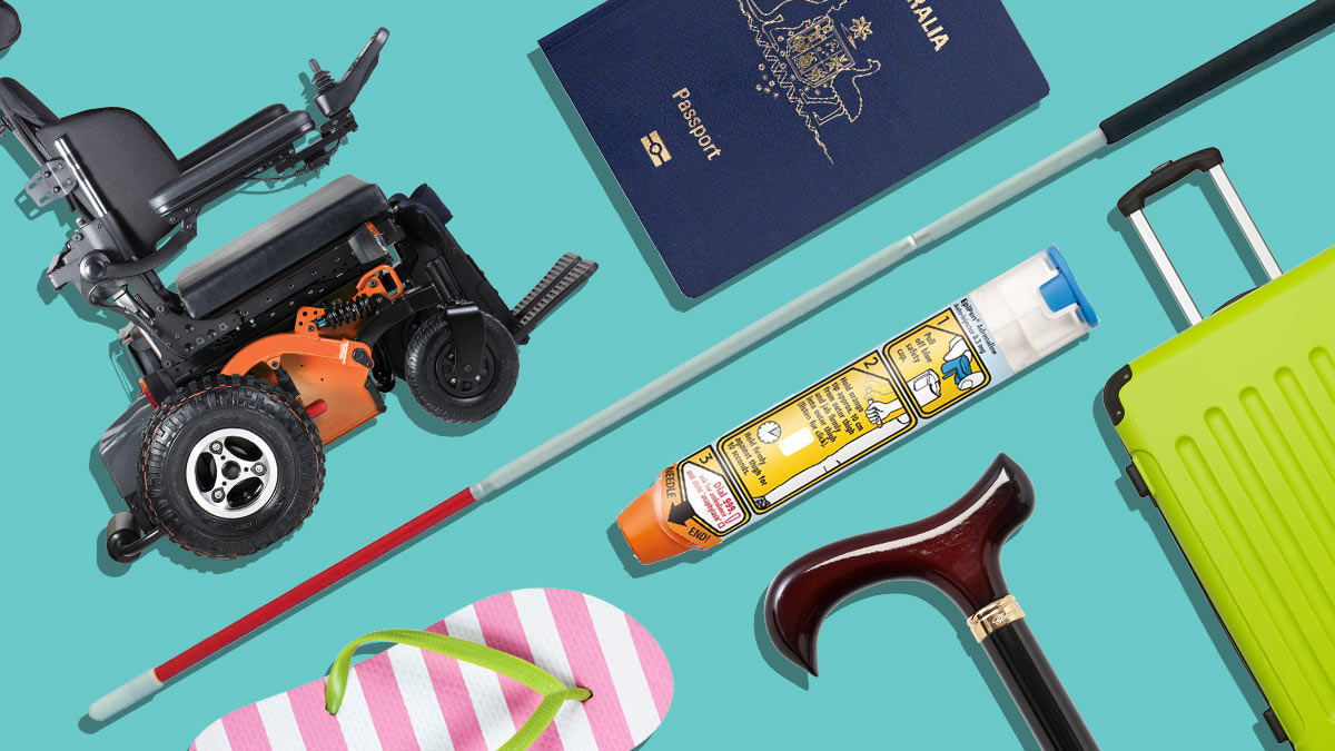 wheelchair passport walking canes epi pen and suitcase