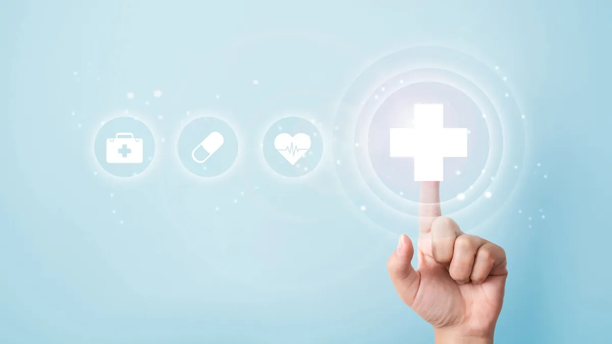 finger pointing to a white health icon on a blue background