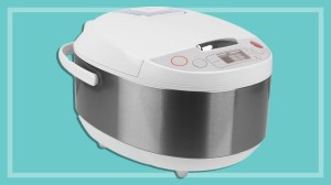 modern rice cooker on a teal background