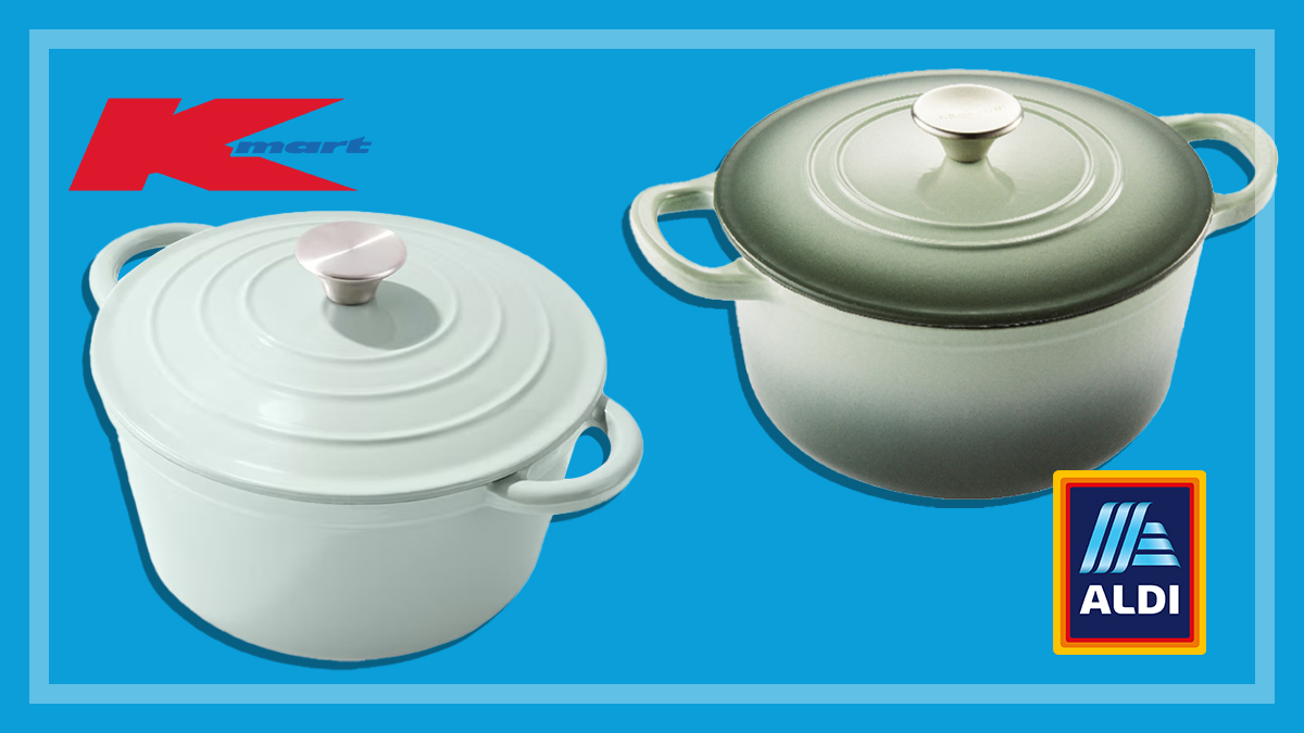 aldi and kmart dutch ovens on blue background