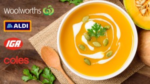 bowl of pumpkin soup with four supermarket logos