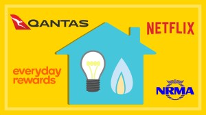 illustration of house with gas and light globe and logos of four rewards or subscription companies