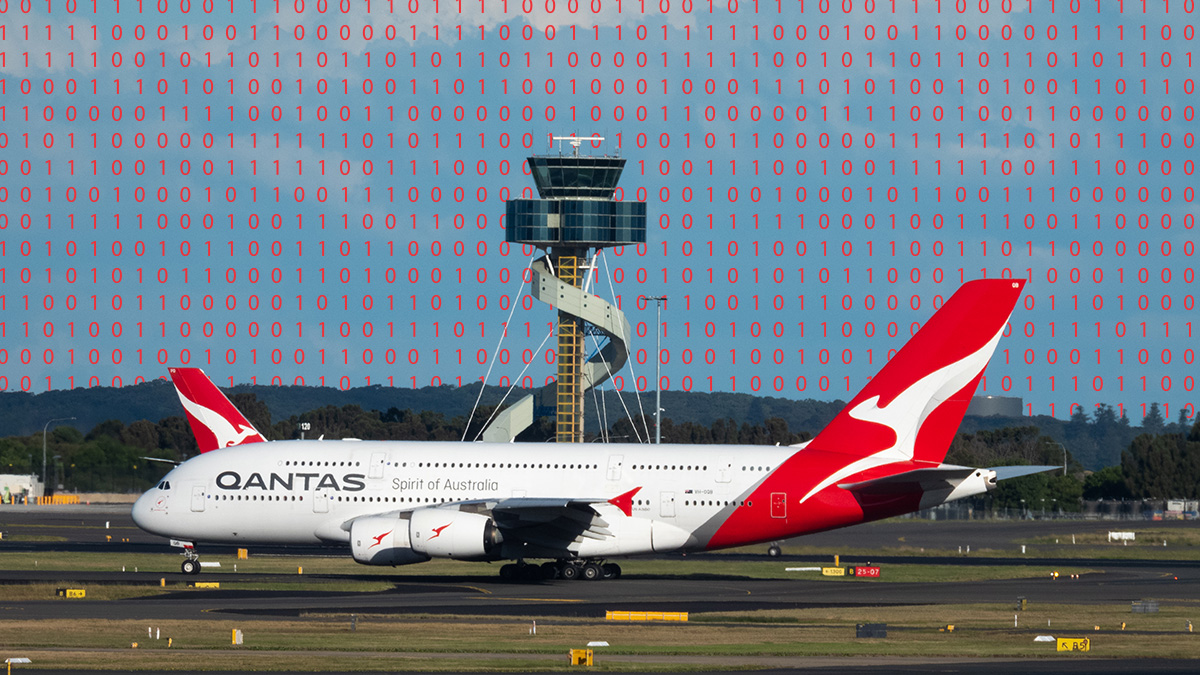 qantas airbus planes taxiing at airport with red binary data in background