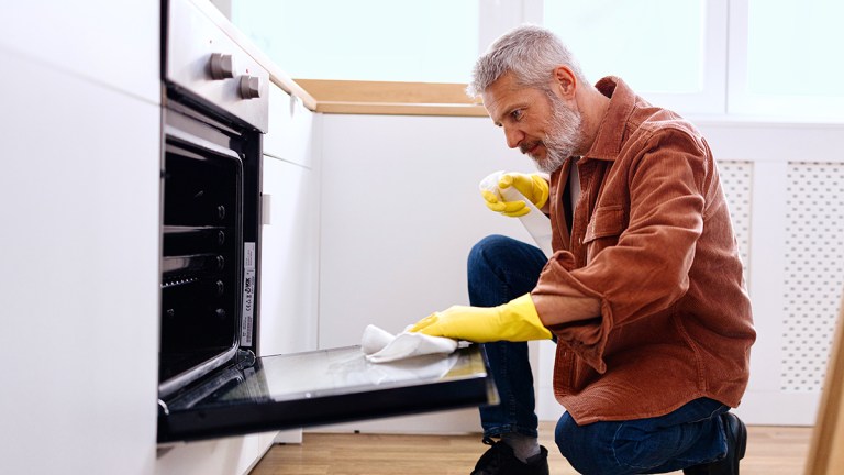 person cleaning oven