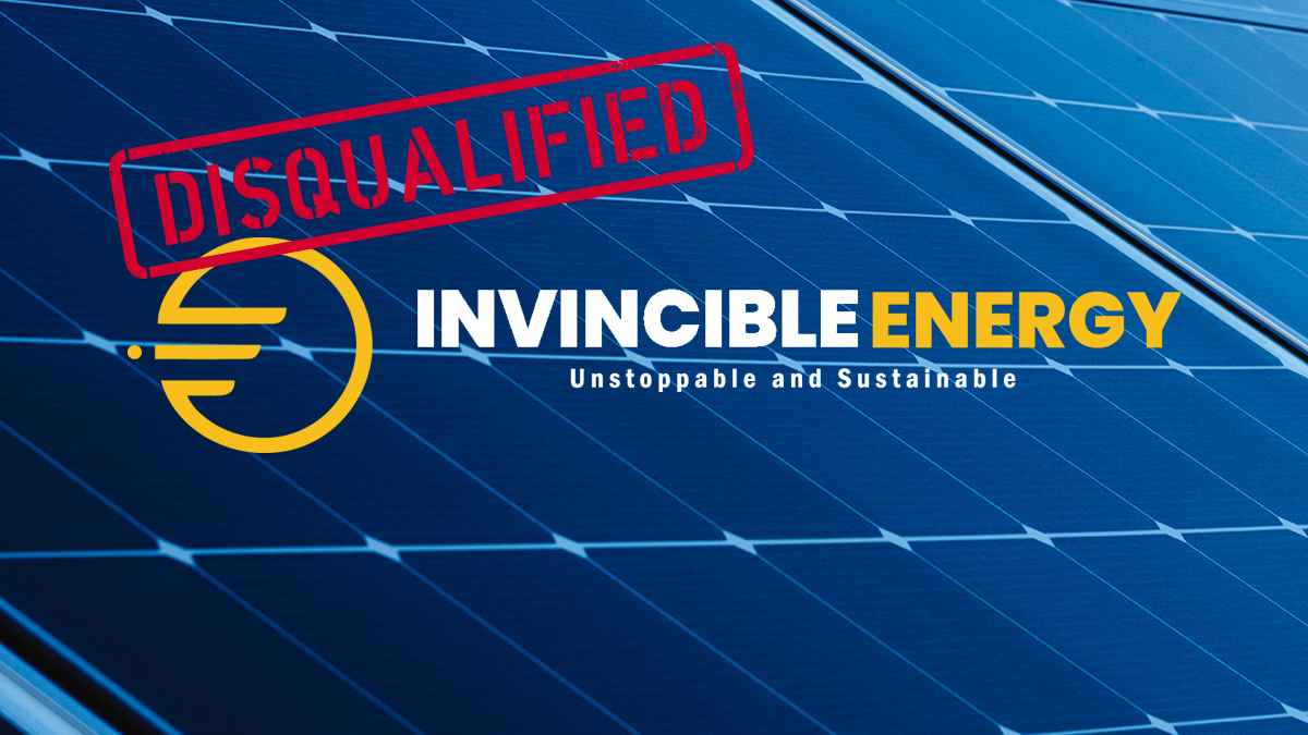 solar panels with invincible energy logo and disqualified stamp