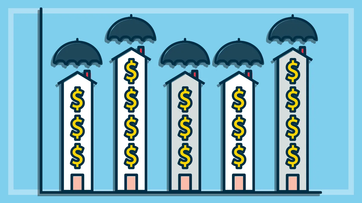 illustration of homes as graph bars with dollar symbols on them