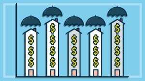 illustration of homes as graph bars with dollar symbols on them