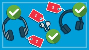 illustration of three cheap headphones and ear buds with ticks