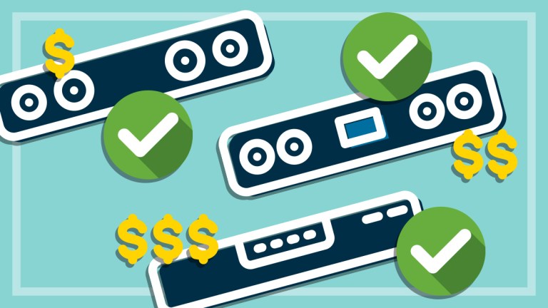 illustration of three differently priced soundbars with ticks
