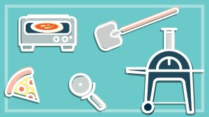 illustrations of pizza and pizza ovens on a teal background