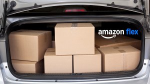 car boot full of parcels and amazon flex logo