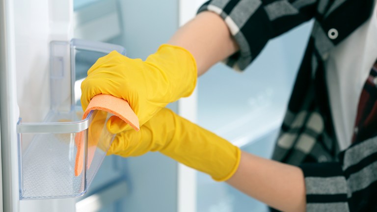 person cleaning the shelves inside a fridge door