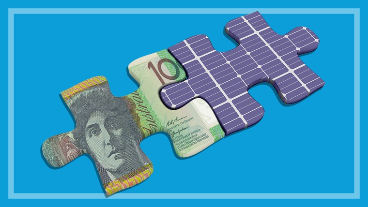 Two jigsaw puzzle pieces representing money and a solar panel