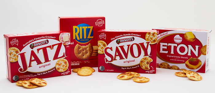 Jatz, Ritz, Savoy and Eton crackers side-by-side.