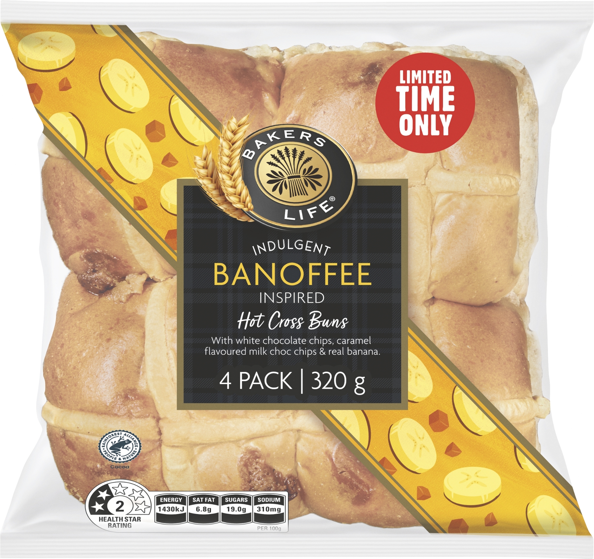 NEW_Bakers Life Indulgent Banoffee Inspired Hot Cross Buns $4.49