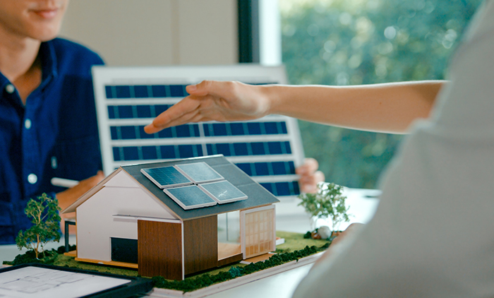 Salesperson selling solar panels to potential client