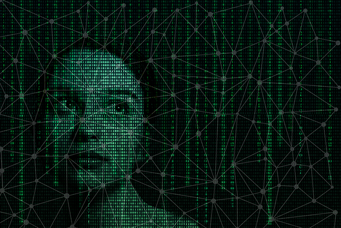 Woman's face overlaid with binary code
