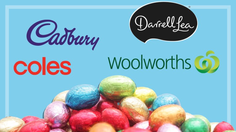 Small, foil-wrapped Easter eggs with logos of Cadbury, Darrell Lea, Coles and Woolworths