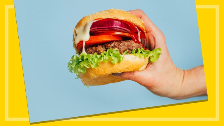 Hand holding a hamburger