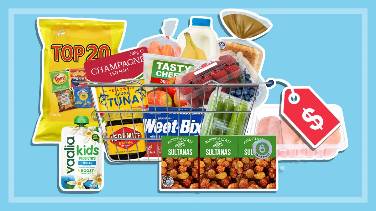 seventeen supermarket products in a wire basket