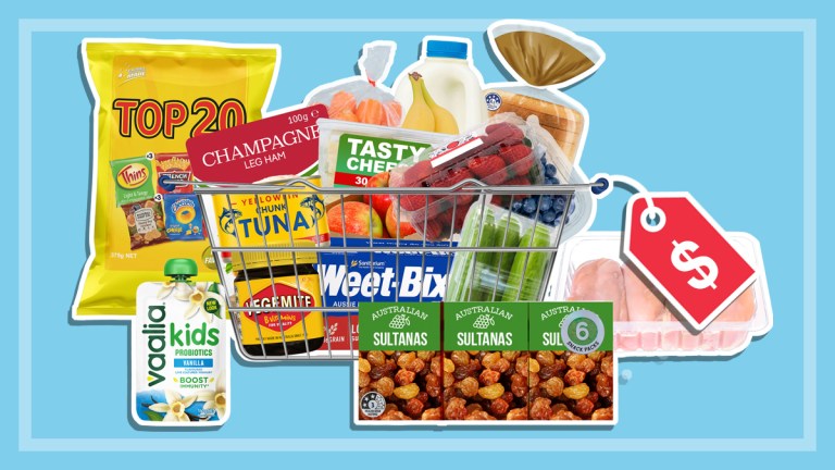 seventeen supermarket products in a wire basket