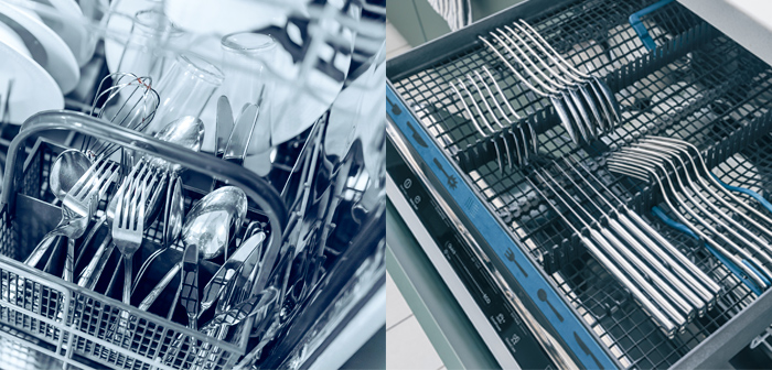 Dishwasher cutlery basket alongside a cutlery tray