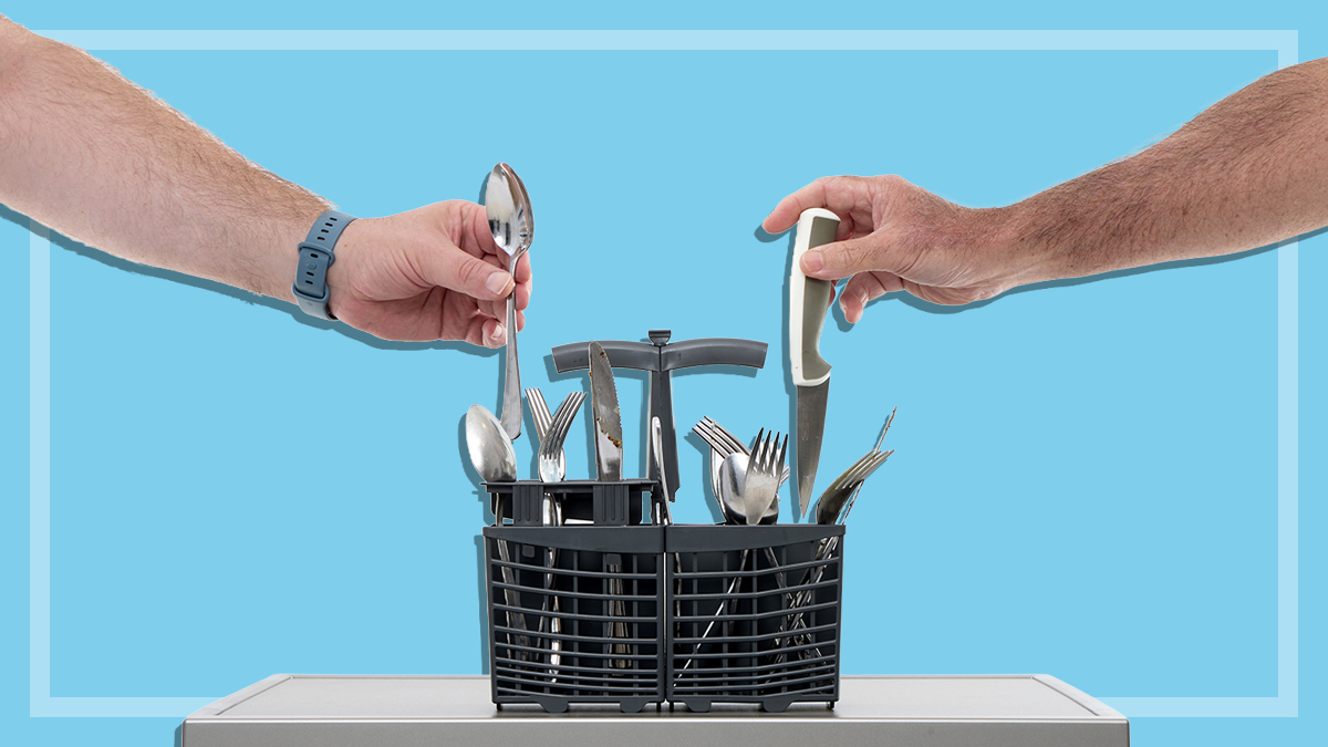 Two people loading a cutlery tray differently