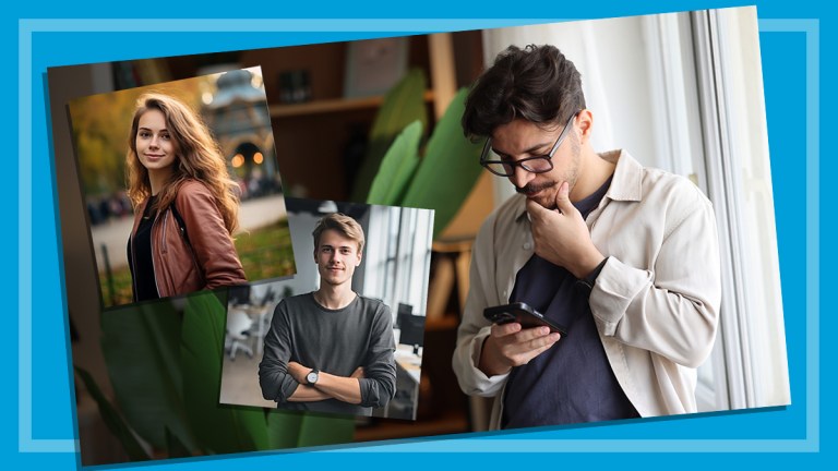 confused person looking at smartphone and two csiro deepfake images
