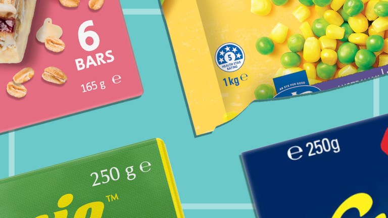 Four packages showing weights with the e-mark