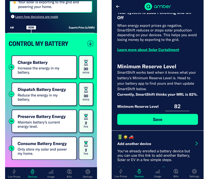 Amber app showing battery controls and how to reserve power for the household