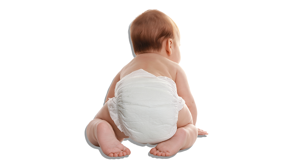 baby wearing a disposable nappy on white background