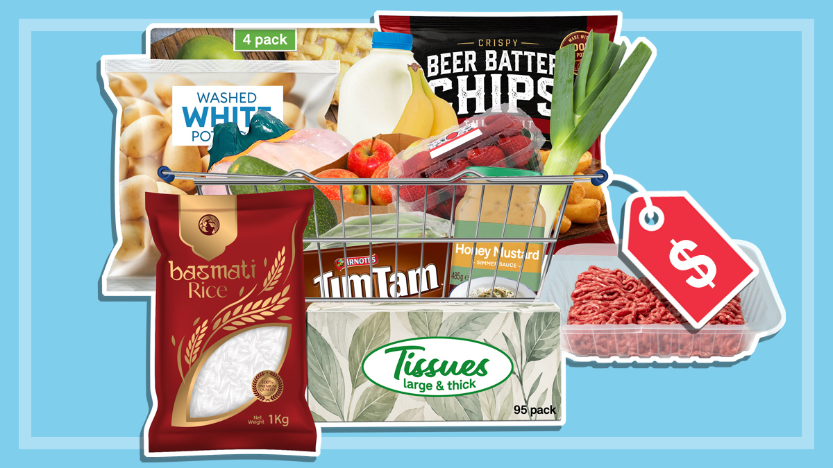 Sixteen supermarket products with price tag