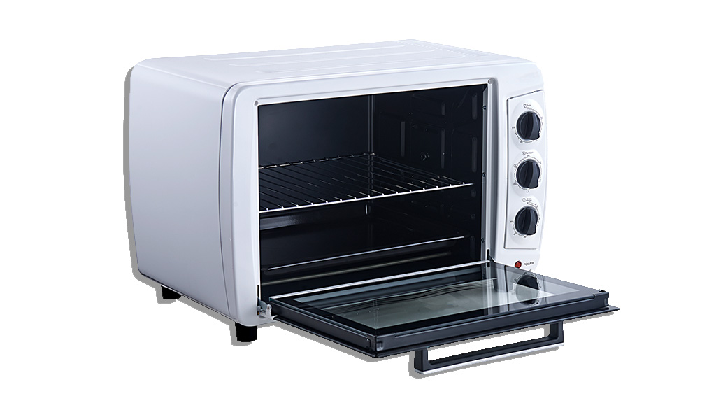 white toaster oven with door open on white background