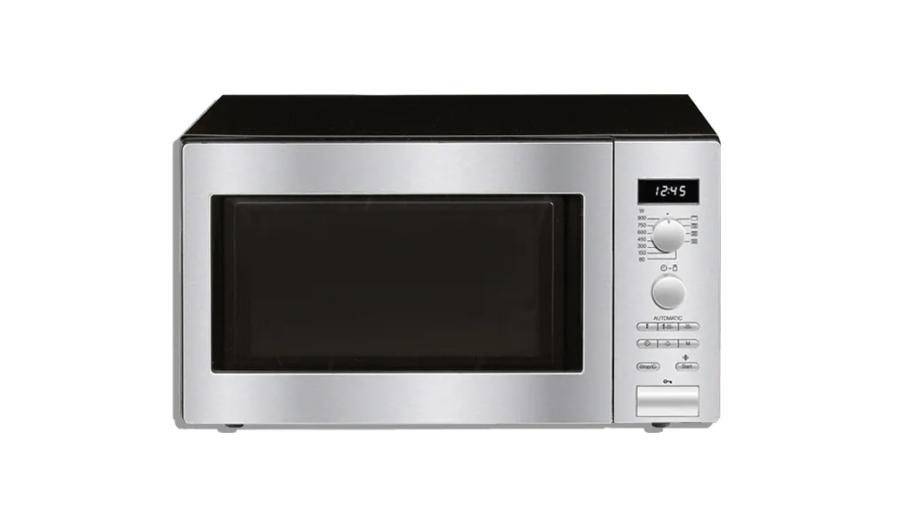 silver microwave on white background
