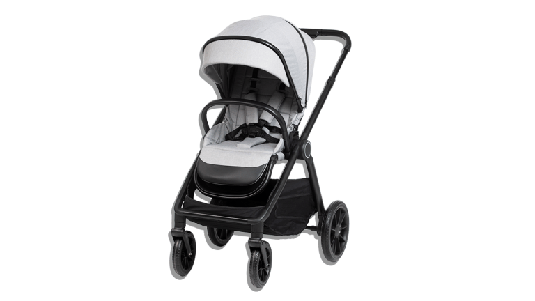 grey pram stroller on white background