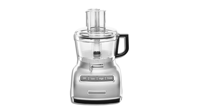 silver food processor on a white background