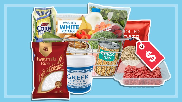 seventeen supermarket products in and around wire basket with price tag
